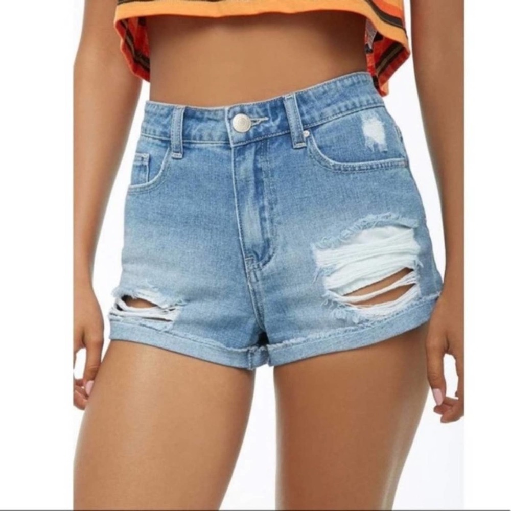 Forever 21 Medium Wash Heavily Distressed Denim Shorts Roll Cuff Ladies Size 25